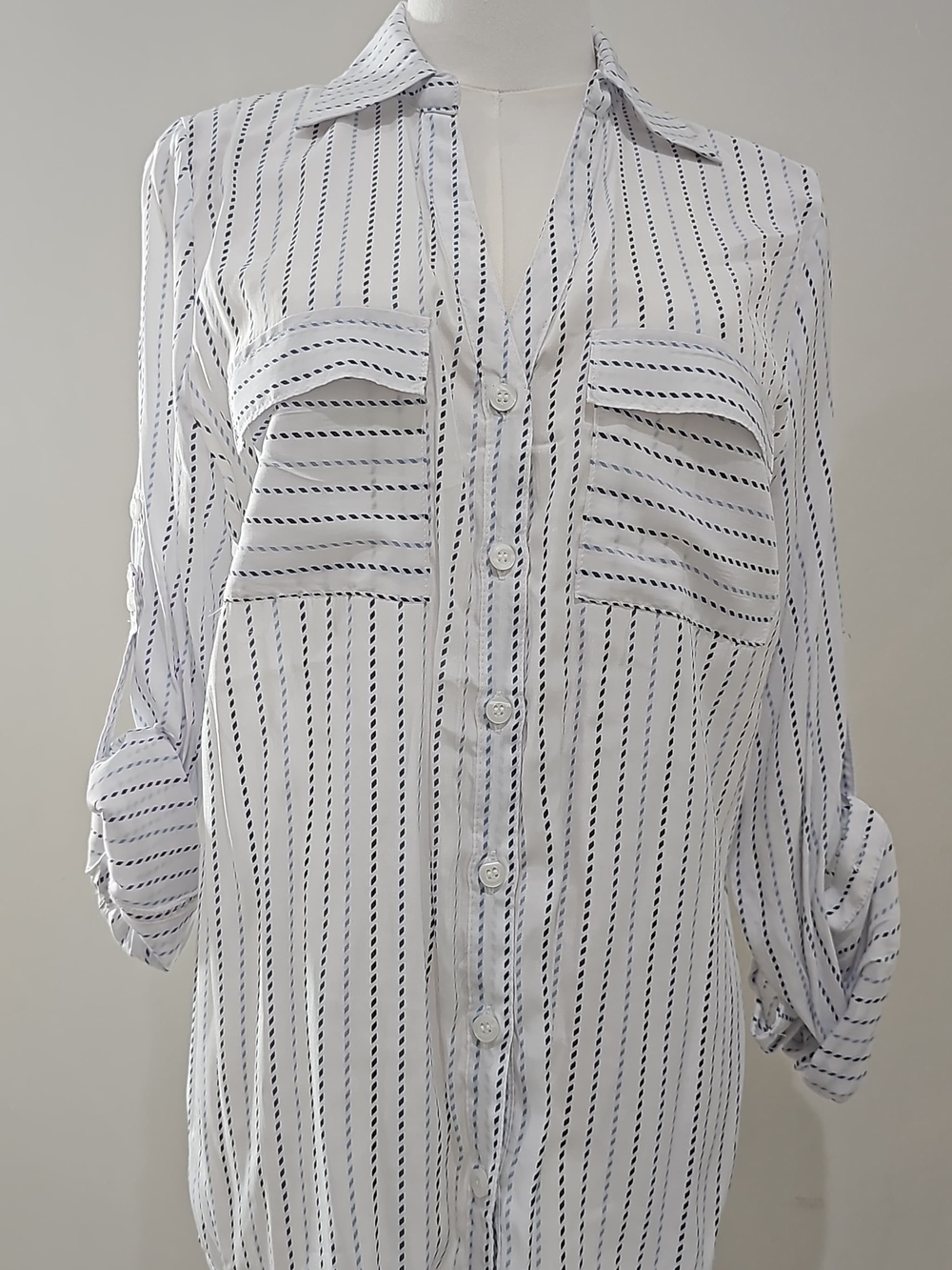 New York & Company White Blouse with Navy Dotted Stripes